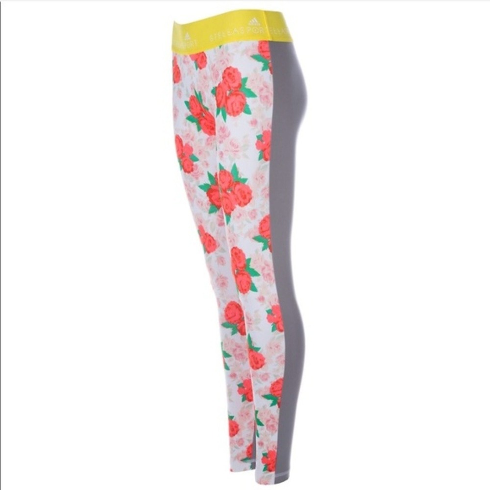 Adidas Stellasport Floral Leggings Womens Small Rose Print Grey Yellow S Y2K